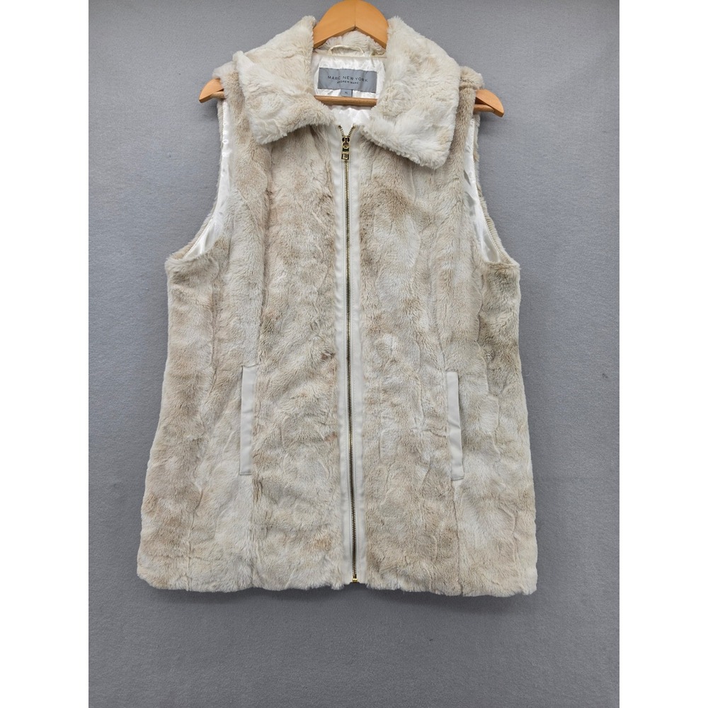 Marc New York Andrew Marc Faux Fur Vest XL Cream Tan Zip Front Luxury Glam Cozy